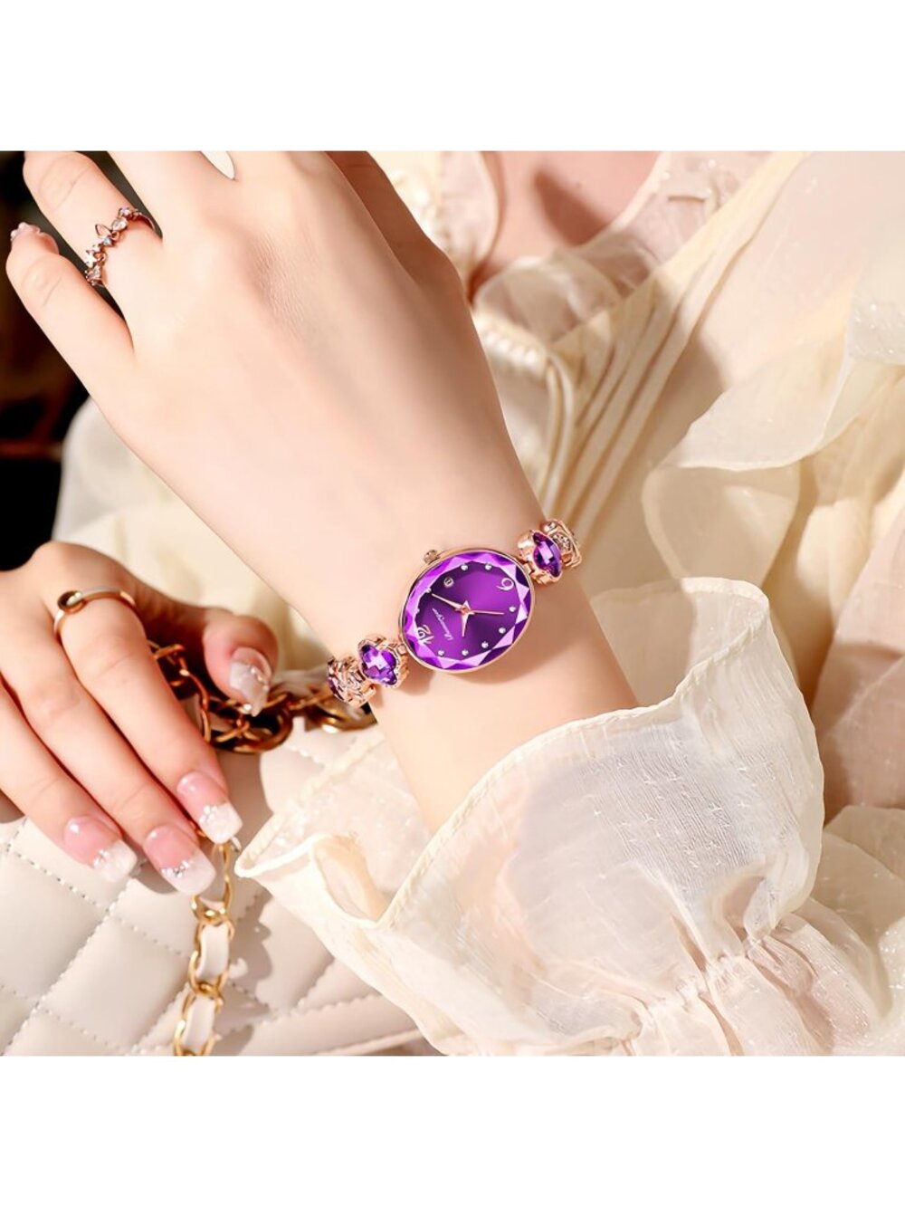 Women's Purple Vintage Oval Adjustable Bracelet Petal-Link Quartz Dress Watch - Picture 2 of 6